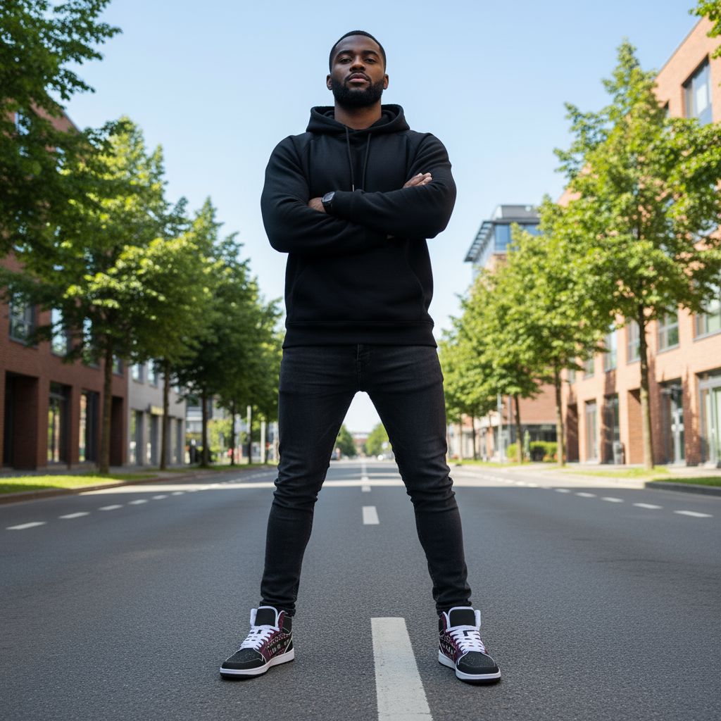 Powerful stance in middle of empty street