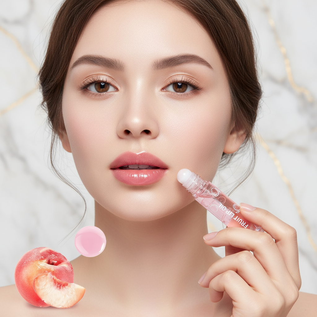 Professional lip oil application close-up