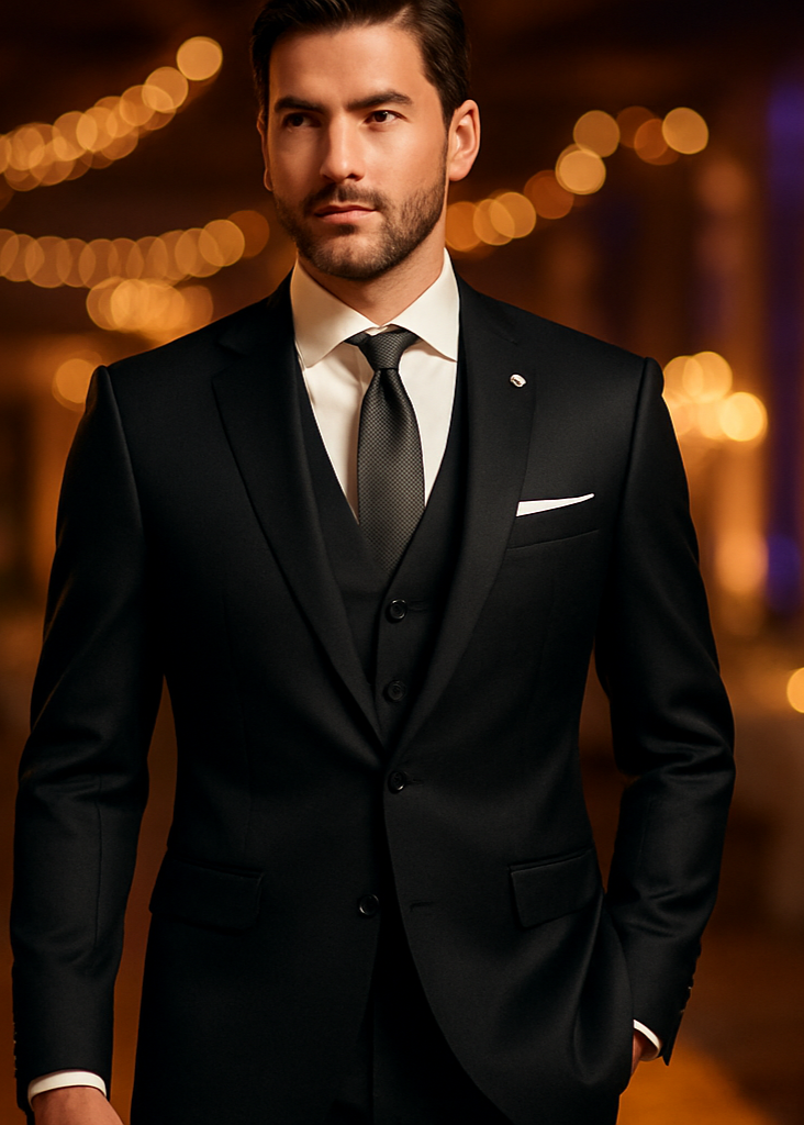 Professional model wearing 3-piece royal black wedding suit