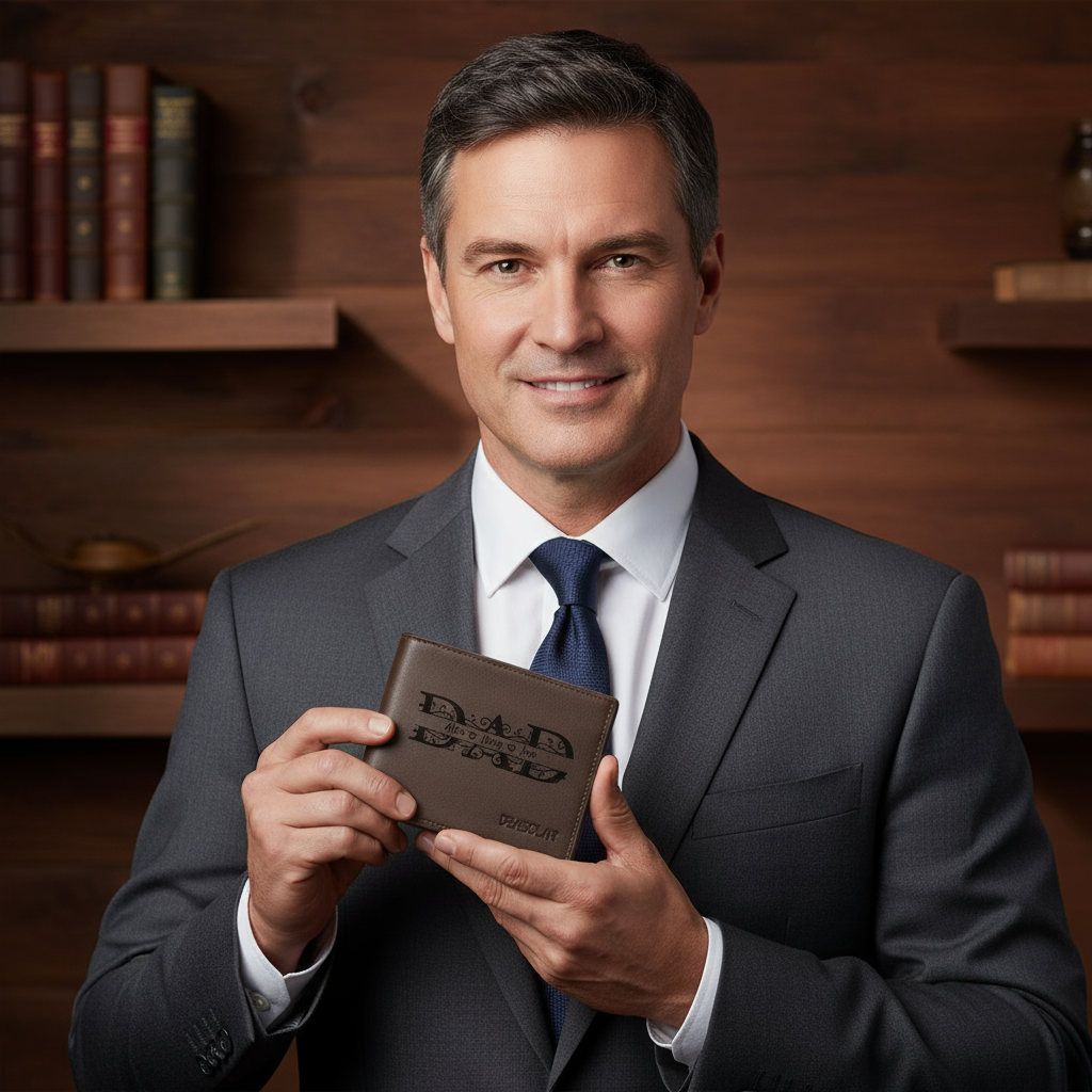 Professional portrait with leather wallet