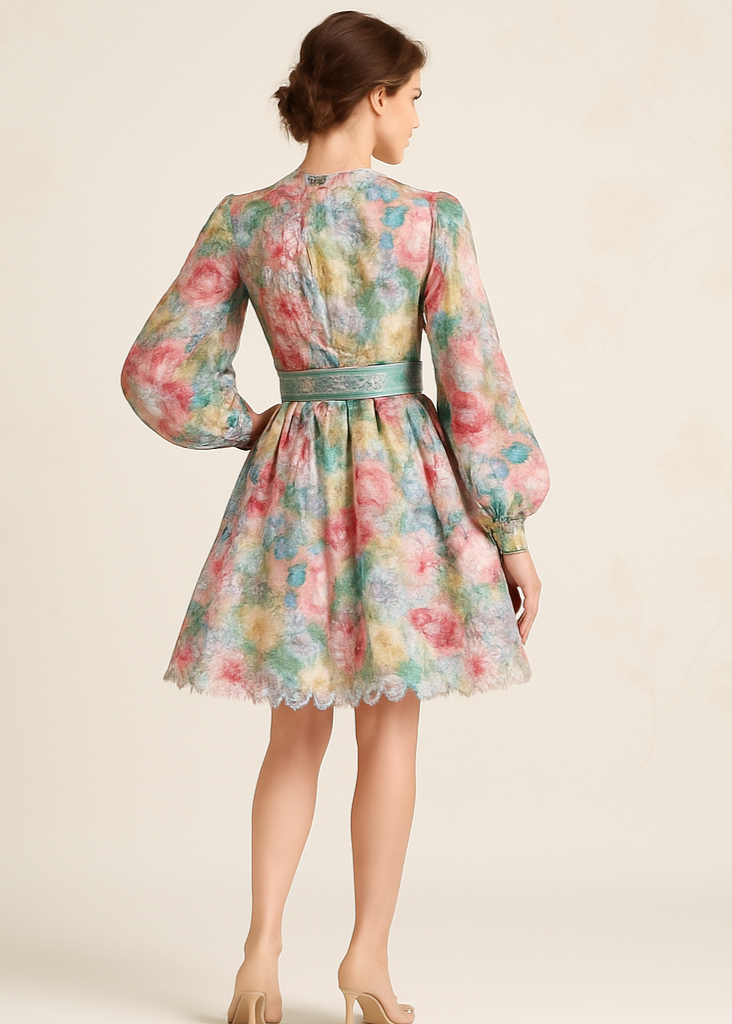 Professional studio shot from behind of a model wearing your colorful floral dress with high heels