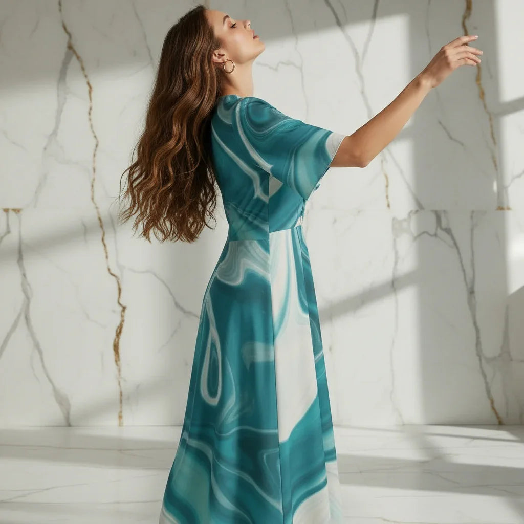 Woman in a teal marble print dress posing in a modern, sunlit marble room at Ivorynn