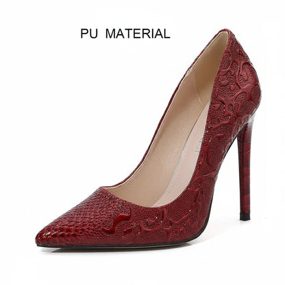 Embossed Snake Ultra High Heels Red Pumps