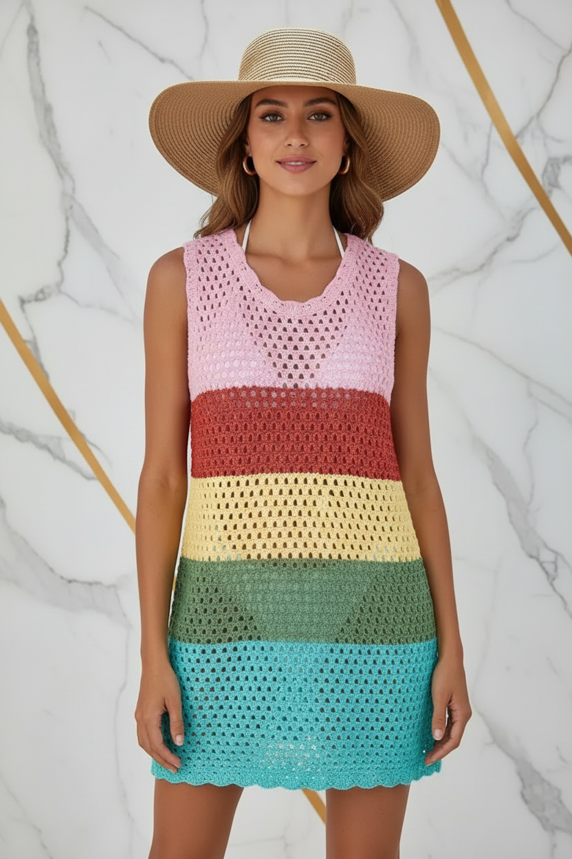 Rainbow crochet dress back view