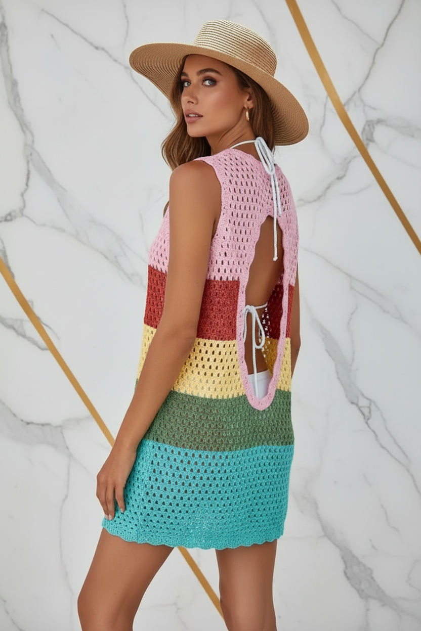 Rainbow crochet dress three-quarter back view