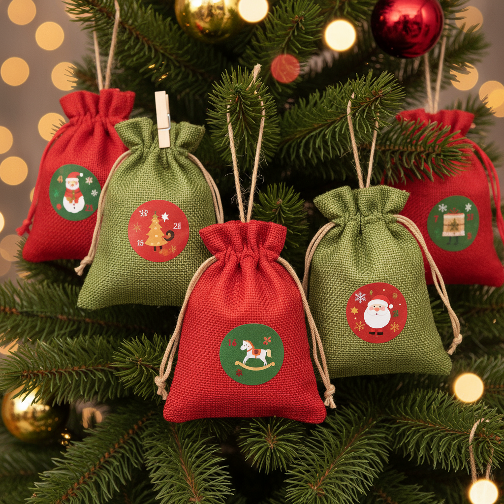 Red and green bags hanging on branches