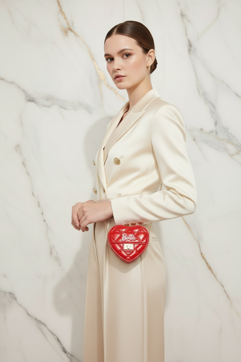 Red bag - side pose double breasted blazer