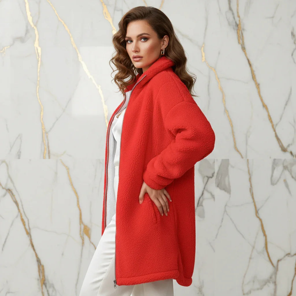 Red Borg Fleece Coat - Over Shoulder