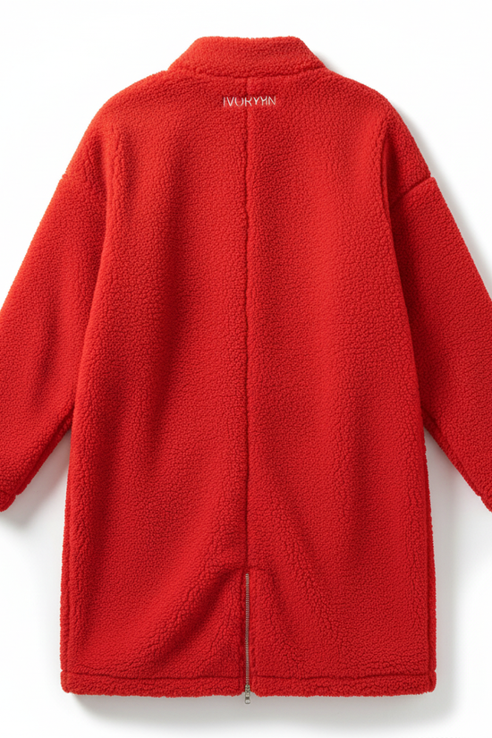 Red Long Borg Fleece Coat - Back