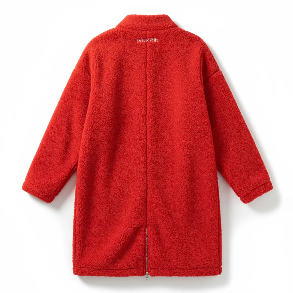 Red Long Borg Fleece Coat - Back