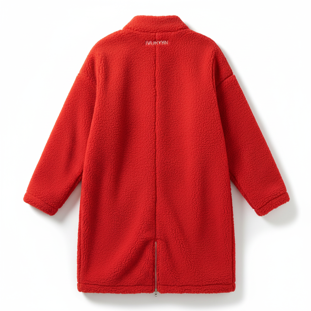 Red Long Borg Fleece Coat - Back