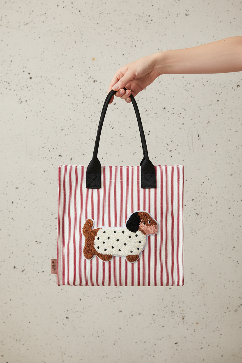 Red Striped Dog Bag in Hand