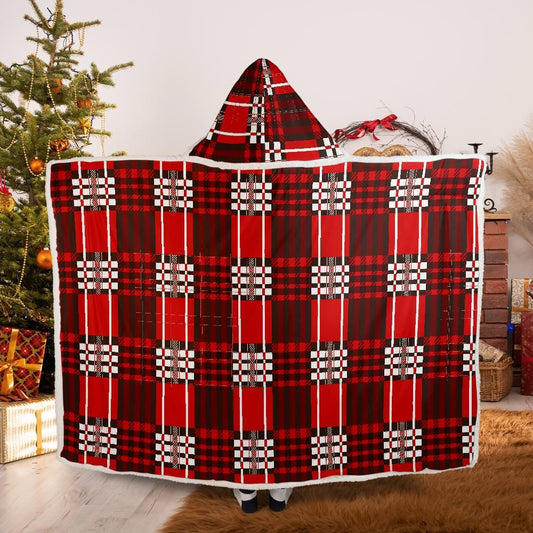 Red Velvet Plaid Very Warm Hooded Blanket