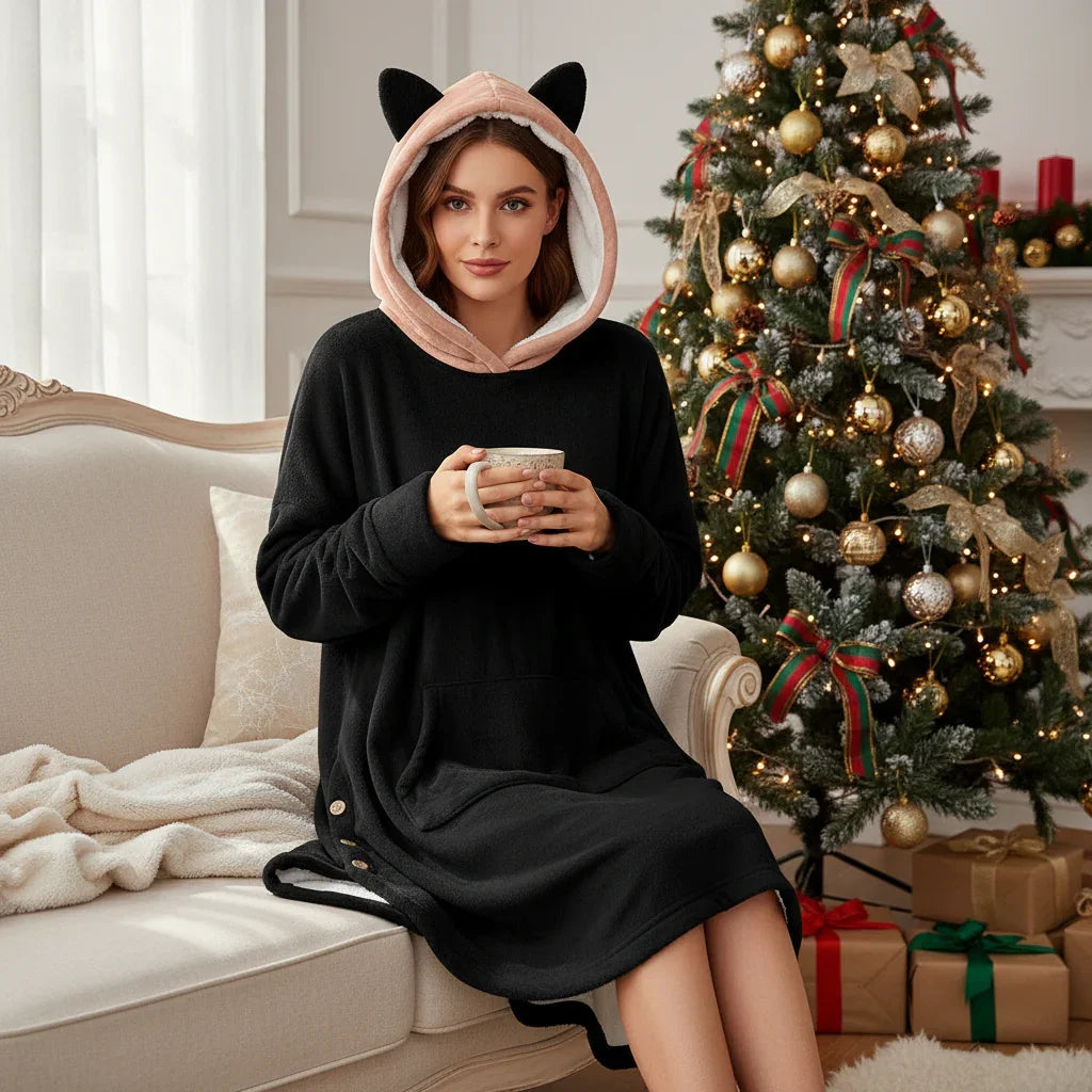 Relaxed pose on sofa near decorated tree