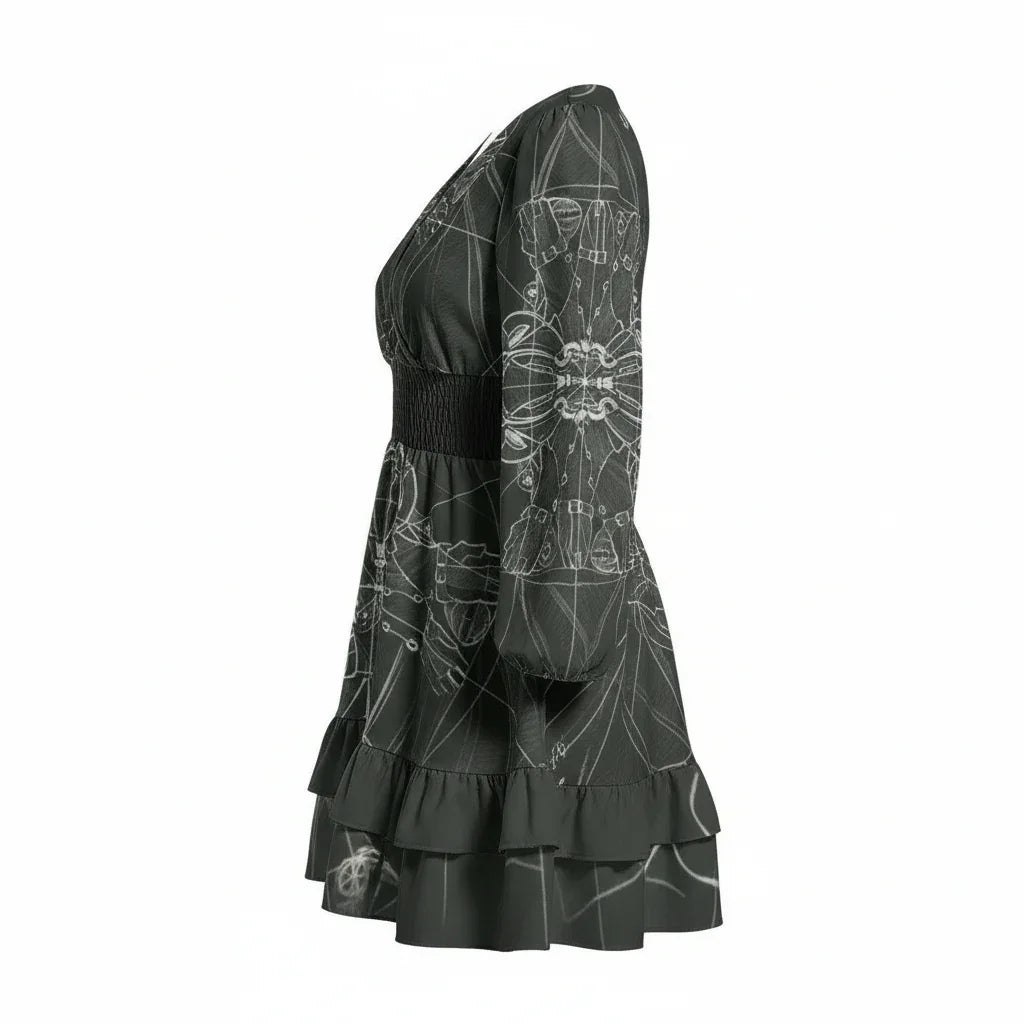 Black long sleeve mini dress with abstract white pattern, ruffled hem, at Ivorynn