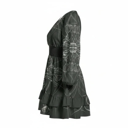 Black long sleeve mini dress with abstract white pattern, ruffled hem, at Ivorynn