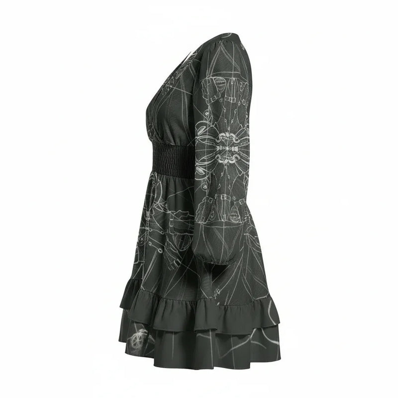 Black long sleeve mini dress with abstract white pattern, ruffled hem, at Ivorynn