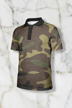 Men’s short sleeve camouflage polo shirt with black collar on marble background at Ivorynn