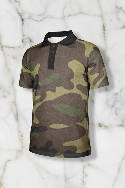 Men’s short sleeve camouflage polo shirt with black collar on marble background at Ivorynn