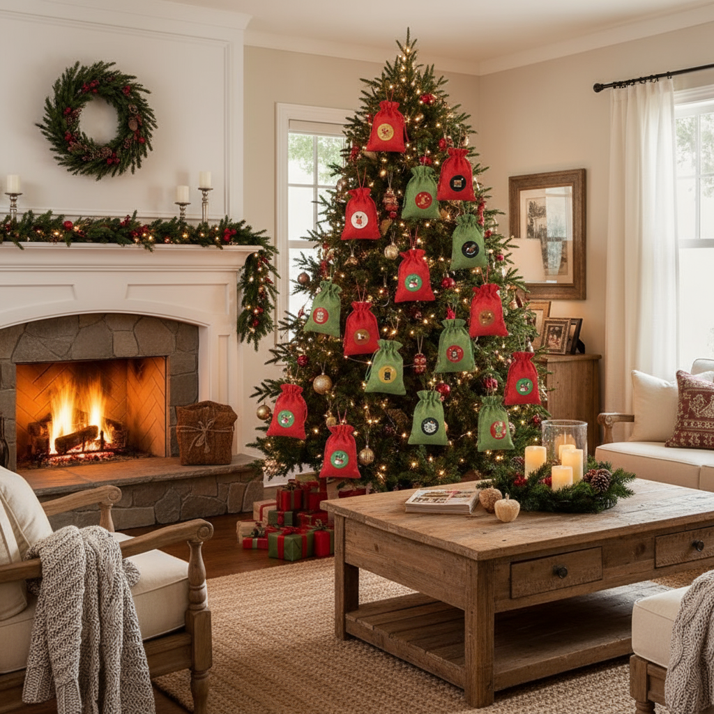 Rustic Christmas tree in cozy home
