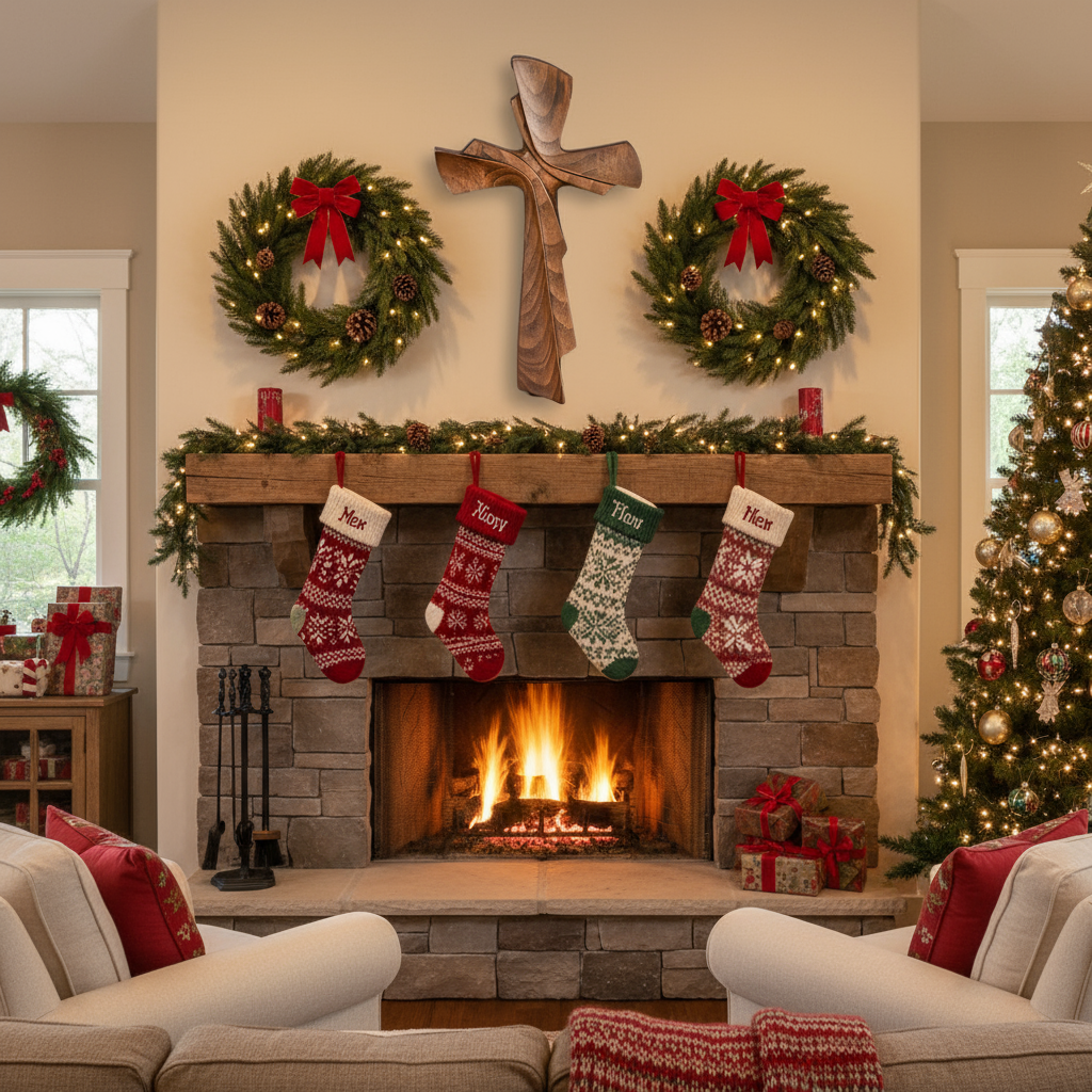 Rustic farmhouse shelf with fireplace glow
