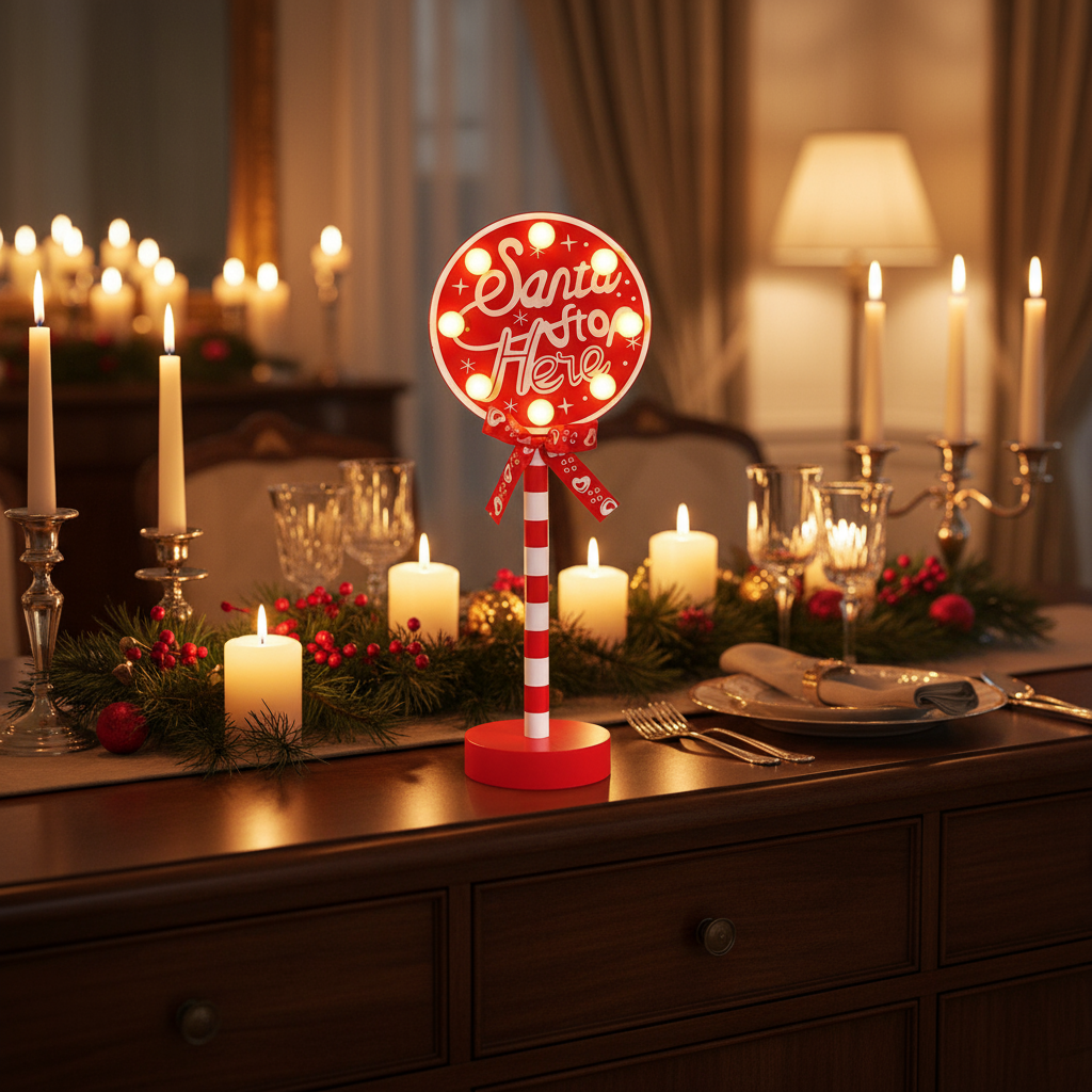 Santa lamp on dining room sideboard