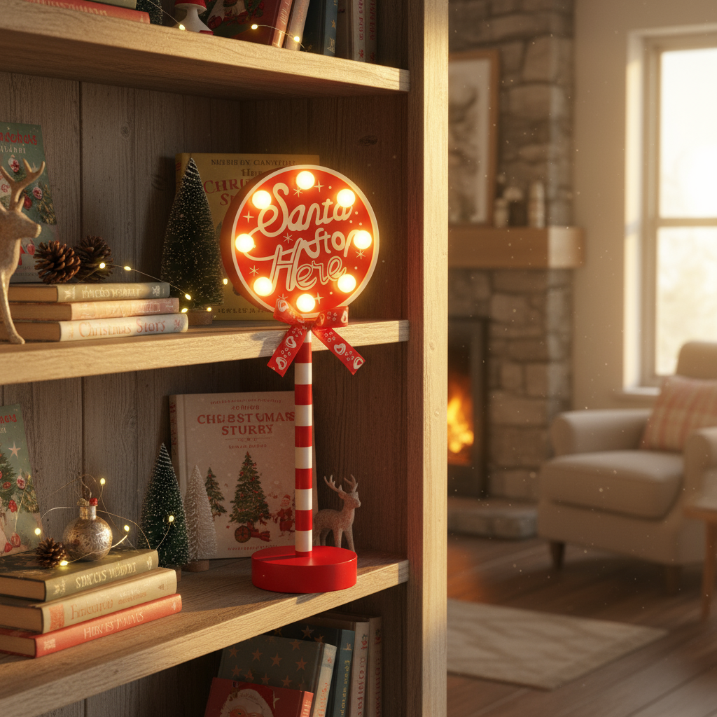 Santa lamp on farmhouse bookshelf