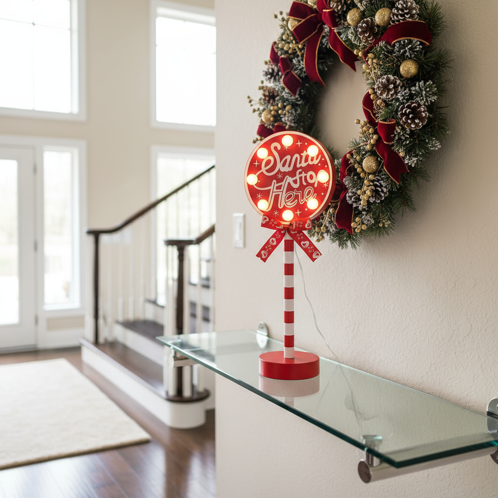 Santa lamp on glass shelf in entryway