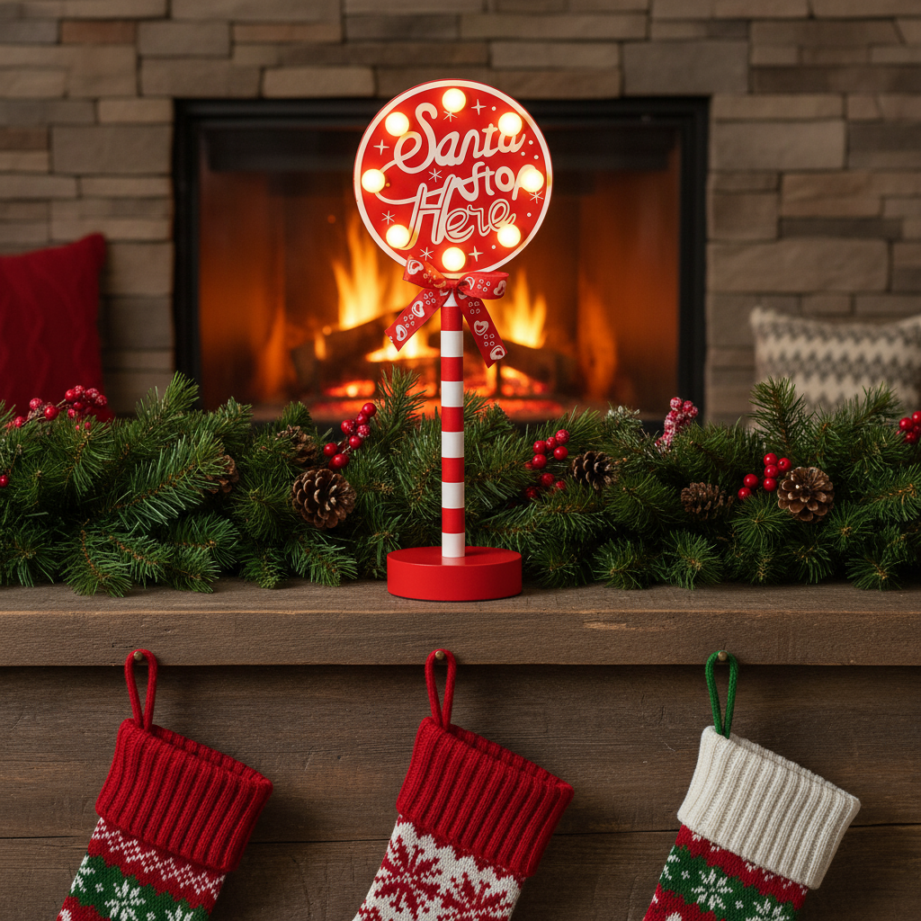 Santa lamp on rustic mantel