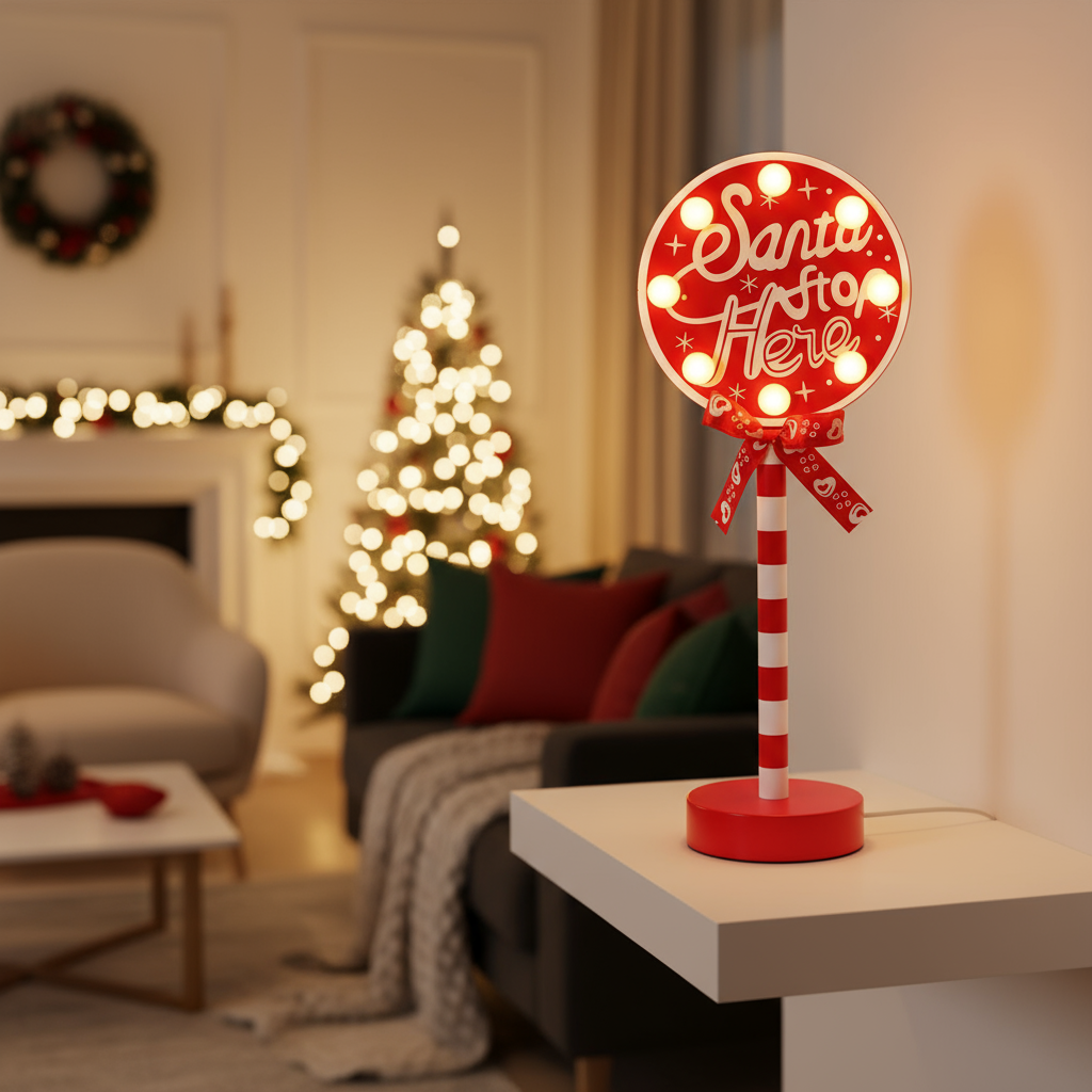 Santa lamp on white floating shelf