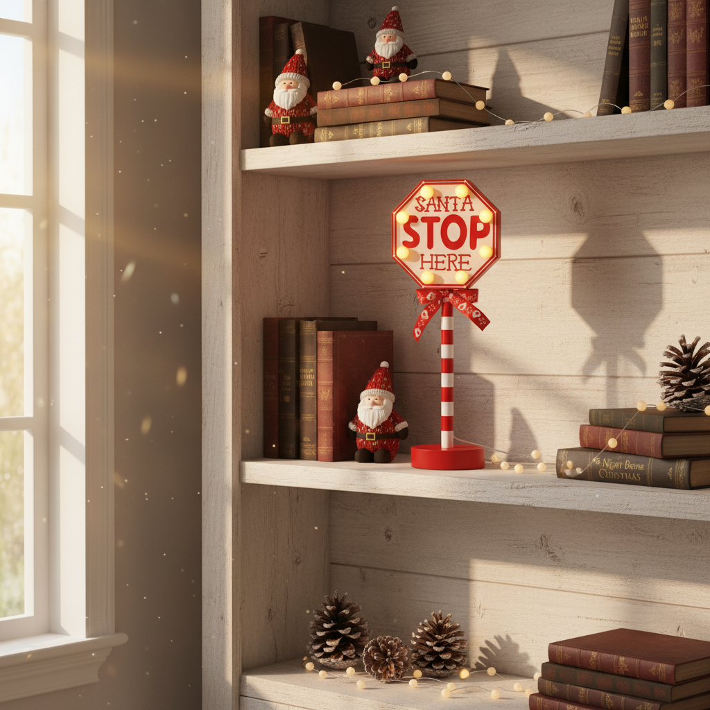 Santa sign on farmhouse bookshelf