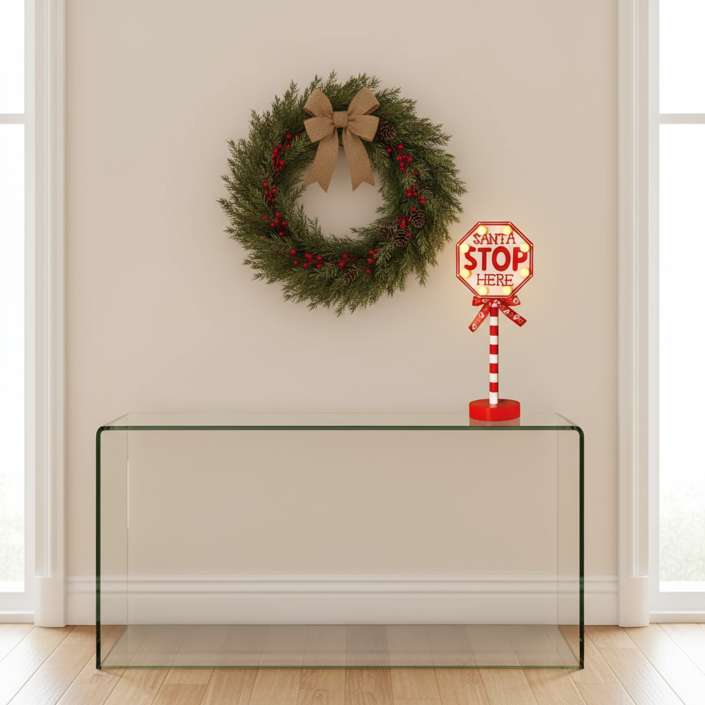 Santa sign on glass shelf in entryway