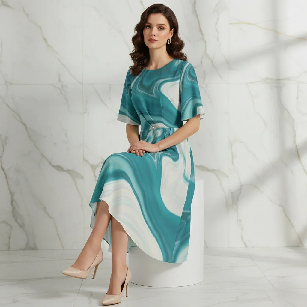 Woman in teal and white marble print dress and nude heels seated on a modern stool, Ivorynn fashion