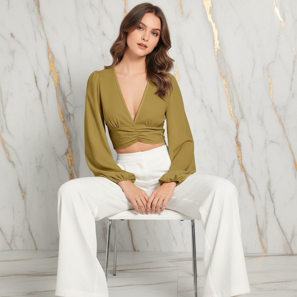 Seated elegant pose on white chair