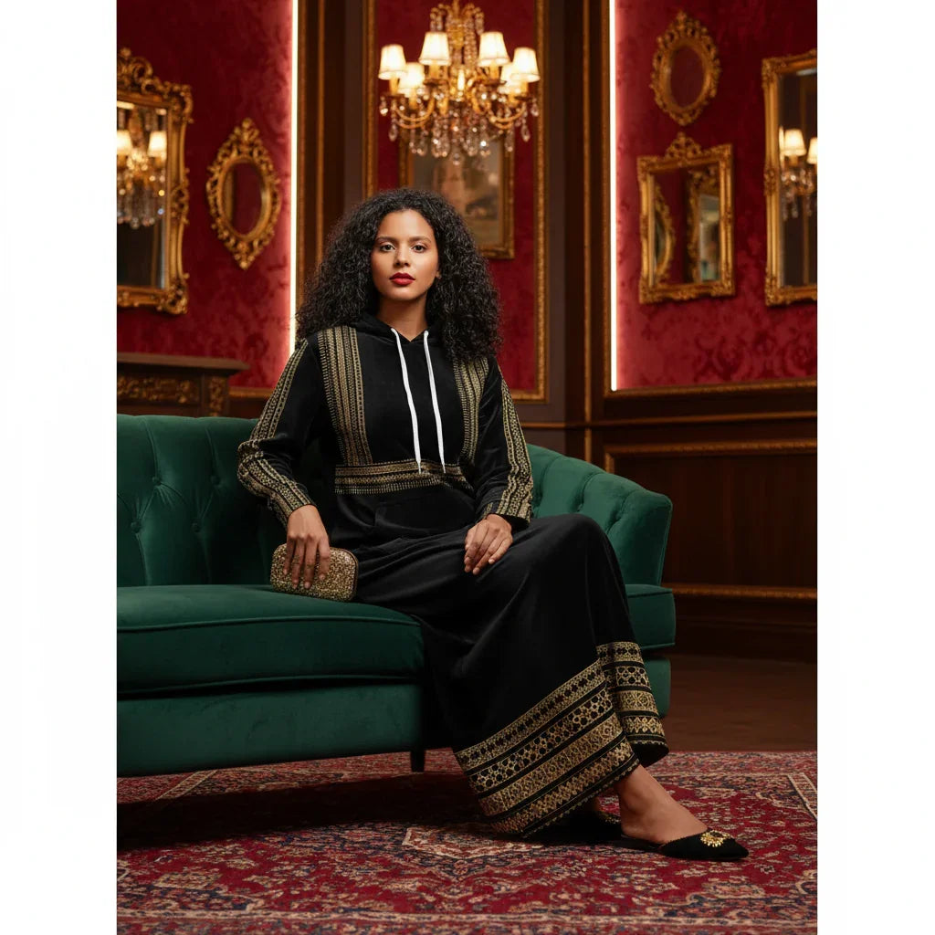 Woman in a black and gold embellished dress seated on a green velvet sofa in a luxurious room with chandeliers at Ivorynn.