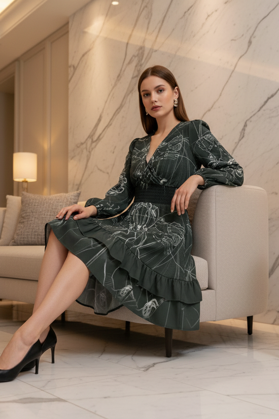 Seated on sofa showing ruffle hem detail