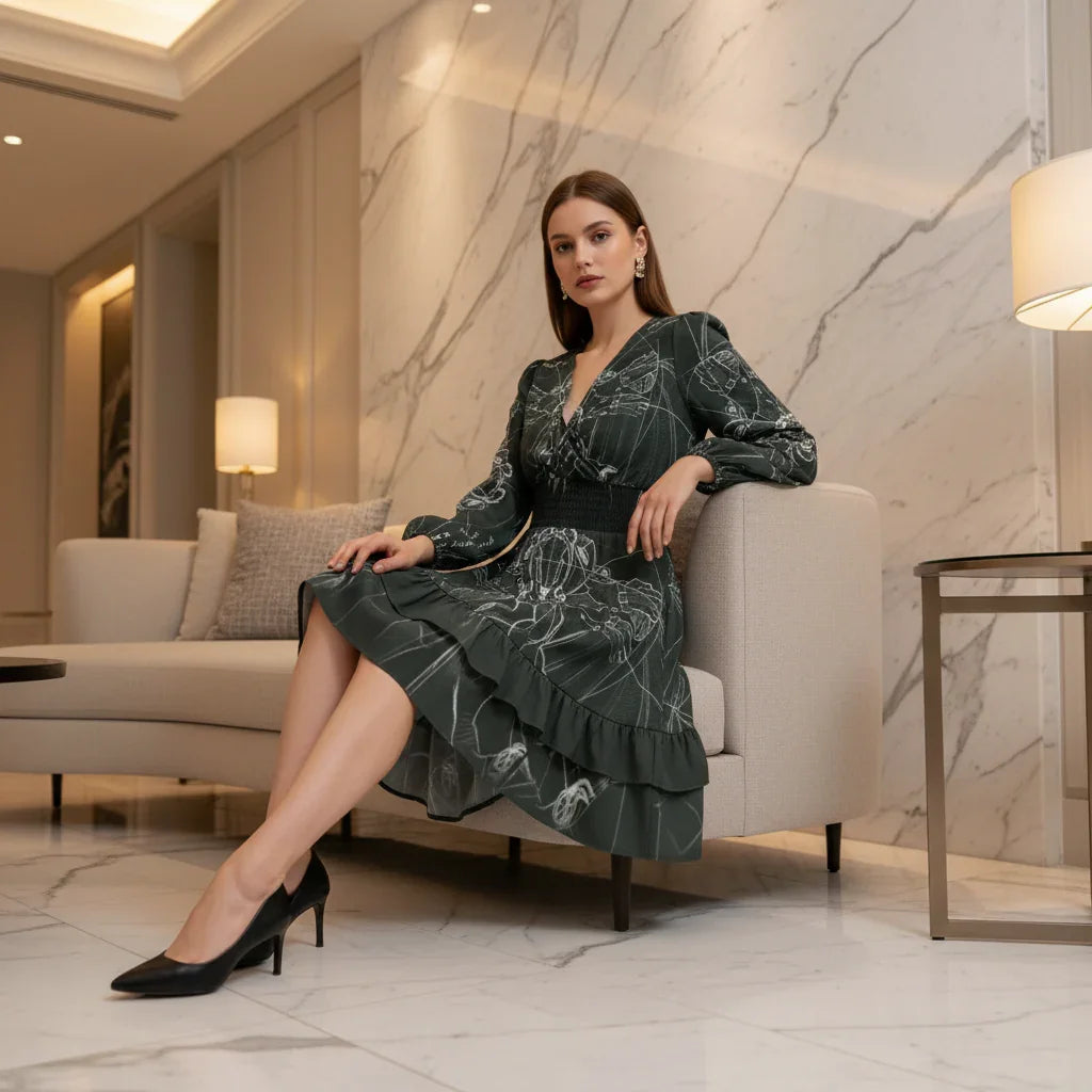 Woman in a printed long-sleeve dress with ruffle hem seated on modern sofa, luxury fashion at Ivorynn