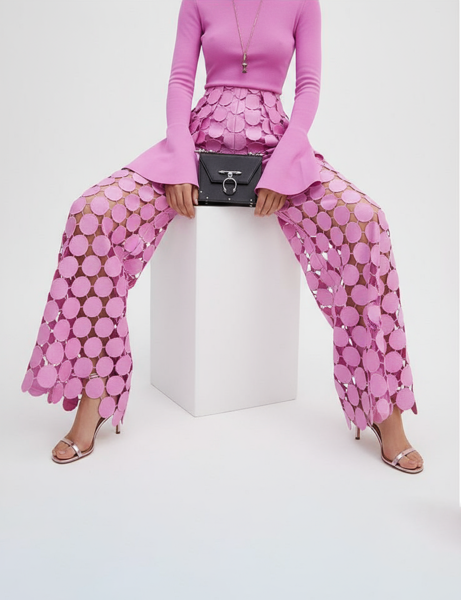 Chic High Waisted Knit Ribbed Casual Pink Trousers