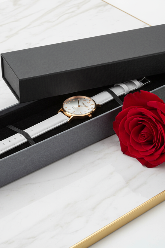Side angle view with watch and rose
