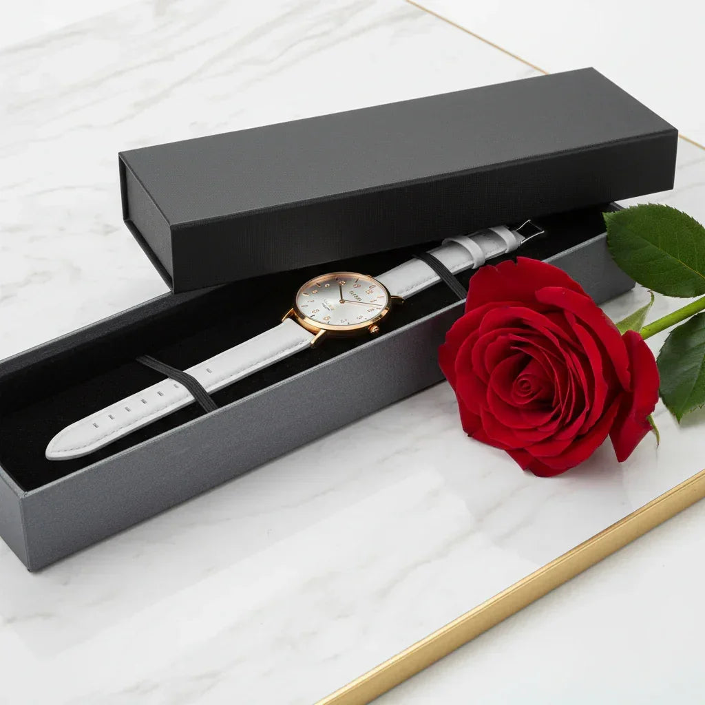 Side angle view with watch and rose