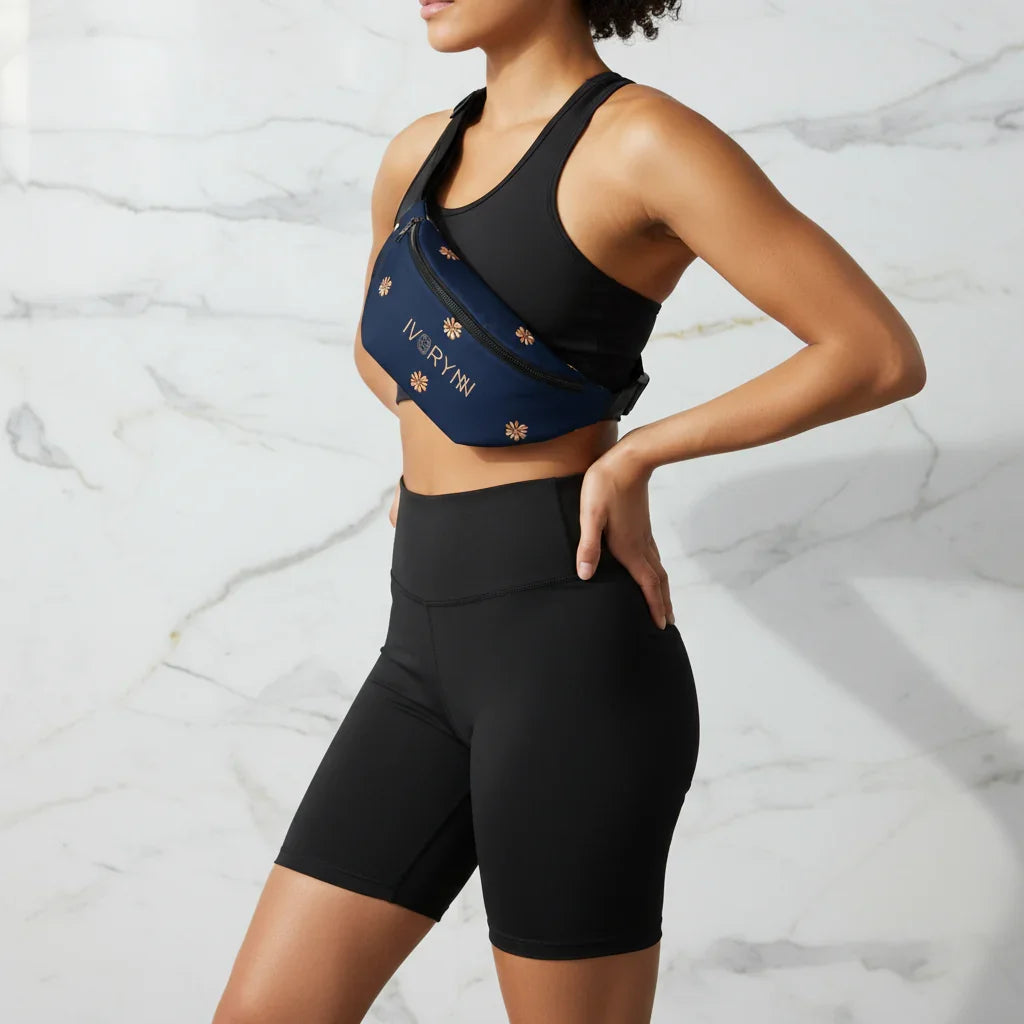 Side angle with black shorts on marble