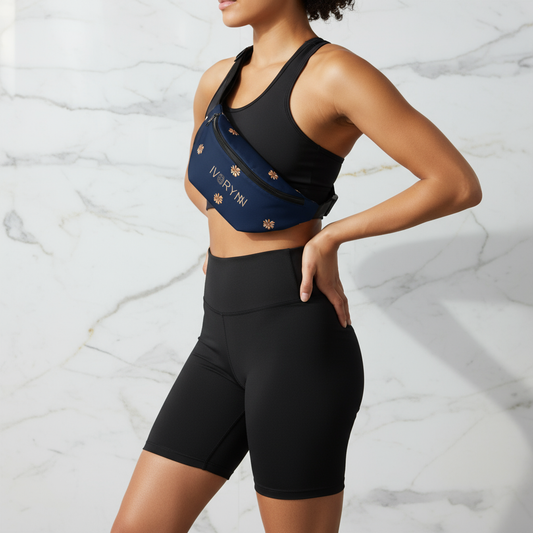 Side angle with black shorts on marble