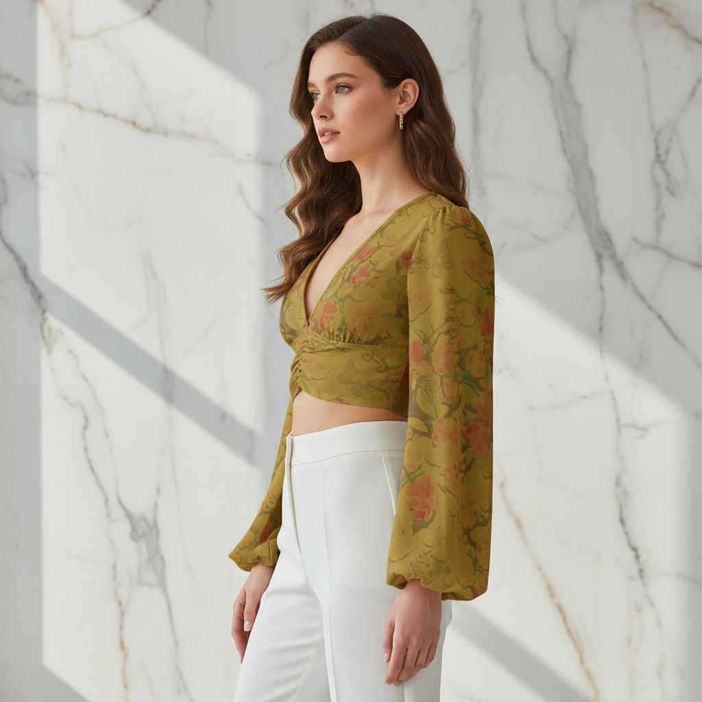 Side angle with different model in fitted white trousers