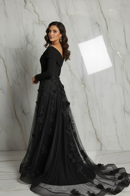Side pose with train spread - Black gown