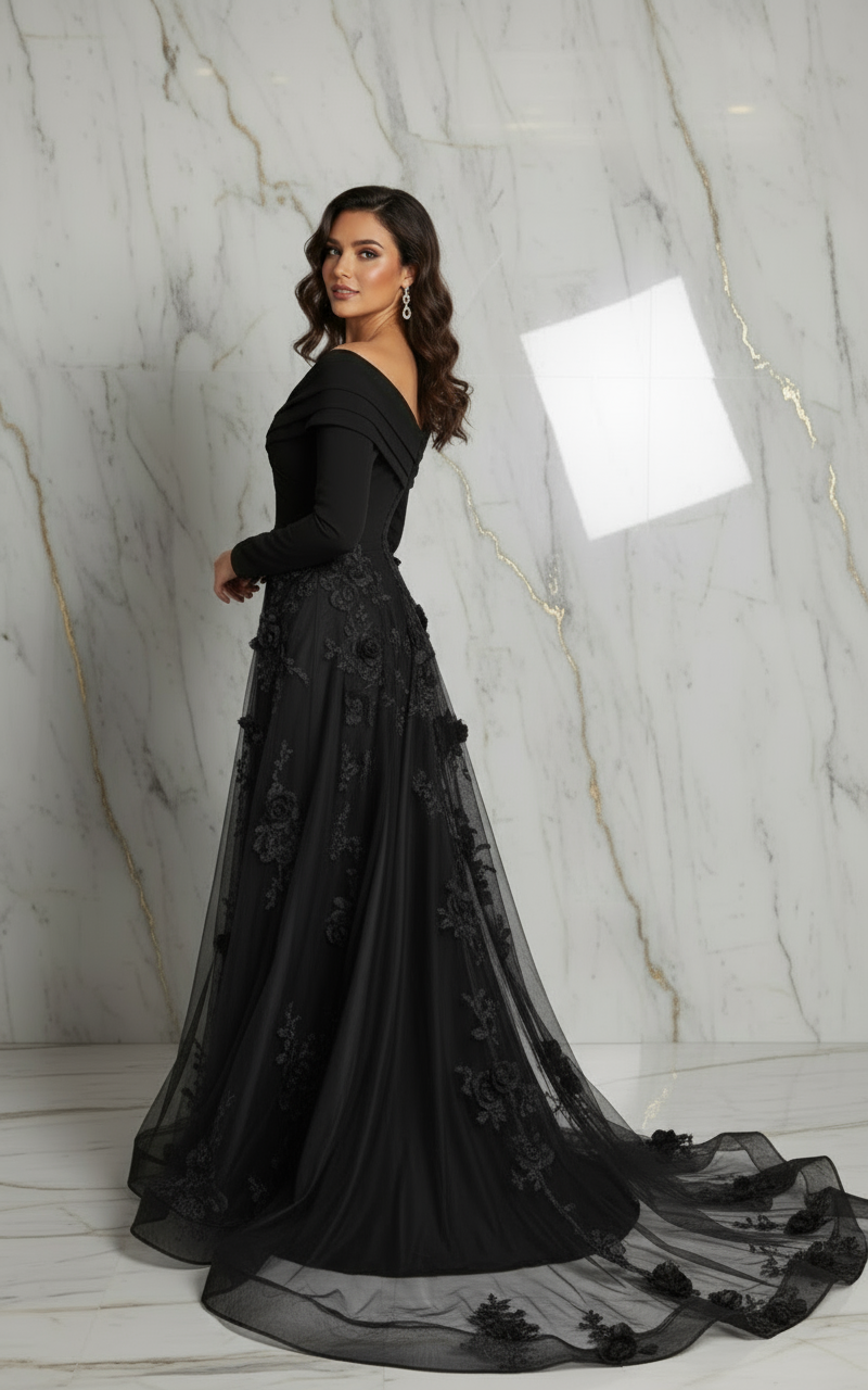 Side pose with train spread - Black gown