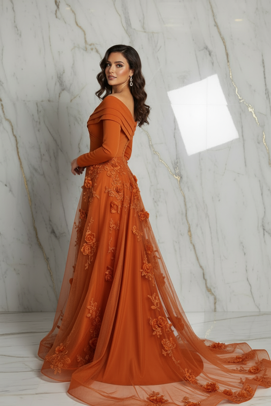 Side pose with train spread - Orange gown