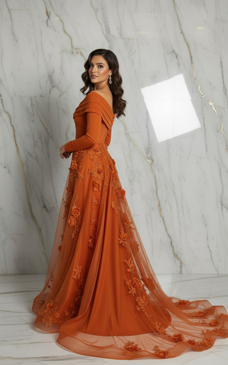 Side pose with train spread - Orange gown