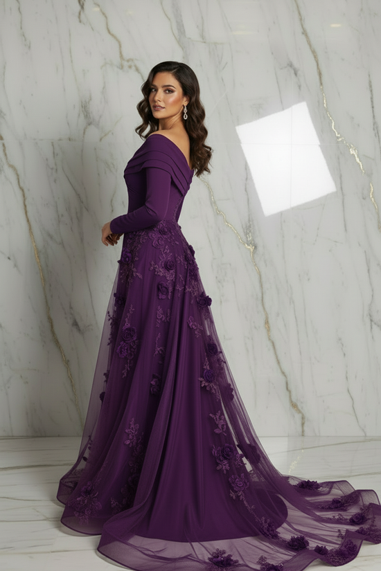 Side pose with train spread - Purple gown