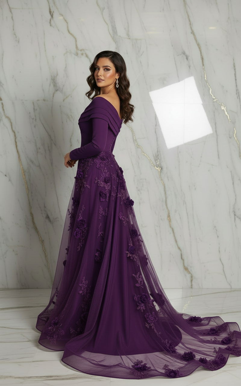 Side pose with train spread - Purple gown