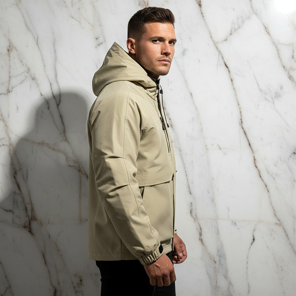 Side profile - athletic man in khaki jacket